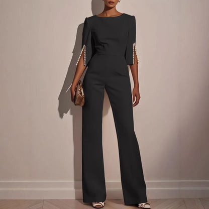 Wide-Leg Jumpsuit with Three-Quarter Pearl Split Sleeves