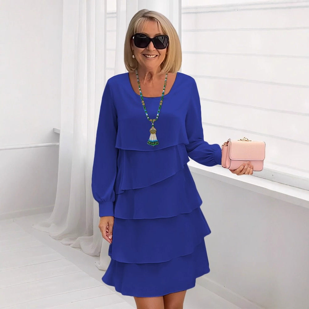 Tiered Ruffle Dress with Round Neck and Long Sleeves