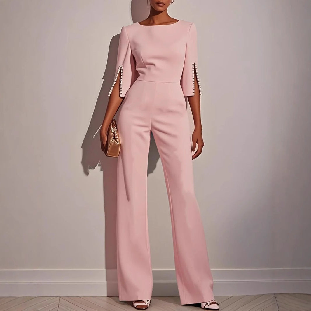 Wide-Leg Jumpsuit with Three-Quarter Pearl Split Sleeves
