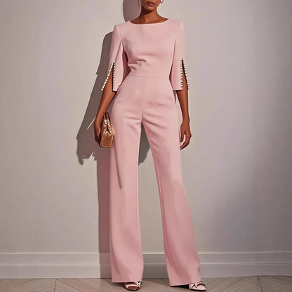 Wide-Leg Jumpsuit with Three-Quarter Pearl Split Sleeves