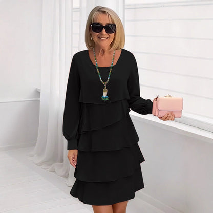 Tiered Ruffle Dress with Round Neck and Long Sleeves