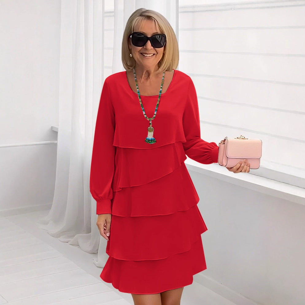 Tiered Ruffle Dress with Round Neck and Long Sleeves