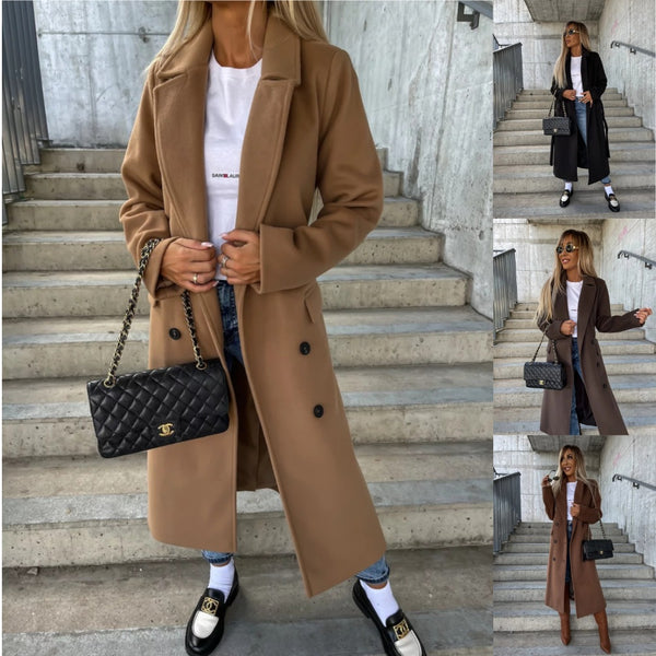 Straight Fit Long Coat in Solid Polyester with Lapel Collar