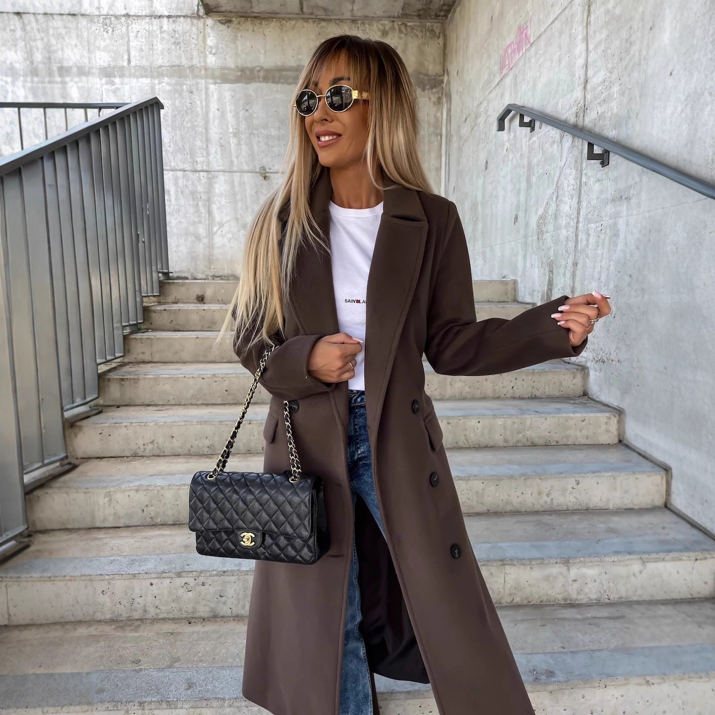Straight Fit Long Coat in Solid Polyester with Lapel Collar