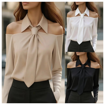 Solid Color Blouse with Off-Shoulder and Lapel Tie-Front