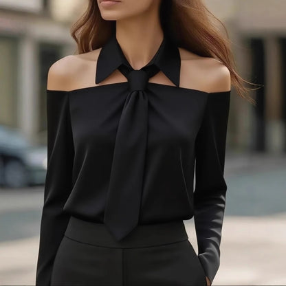 Solid Color Blouse with Off-Shoulder and Lapel Tie-Front