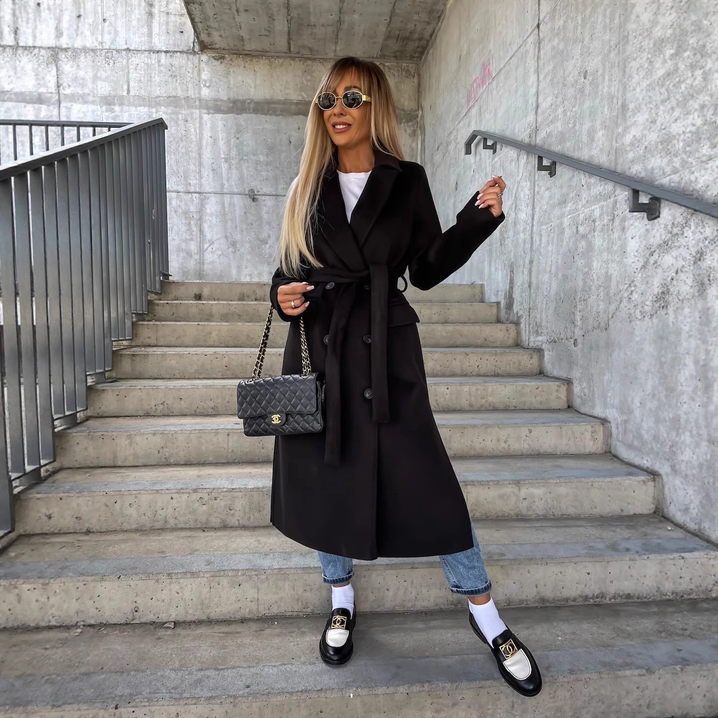 Straight Fit Long Coat in Solid Polyester with Lapel Collar
