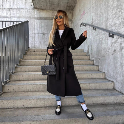 Straight Fit Long Coat in Solid Polyester with Lapel Collar