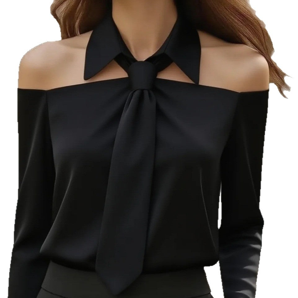 Solid Color Blouse with Off-Shoulder and Lapel Tie-Front