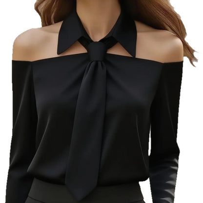Solid Color Blouse with Off-Shoulder and Lapel Tie-Front