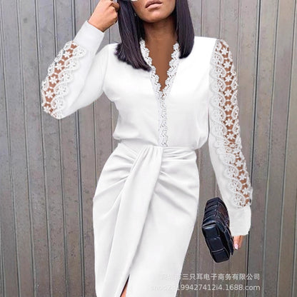 Midi Dress with V-Neck, Lace Sleeves, and Wrap Waist