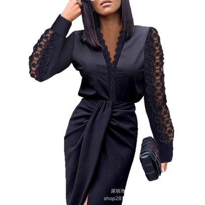 Midi Dress with V-Neck, Lace Sleeves, and Wrap Waist