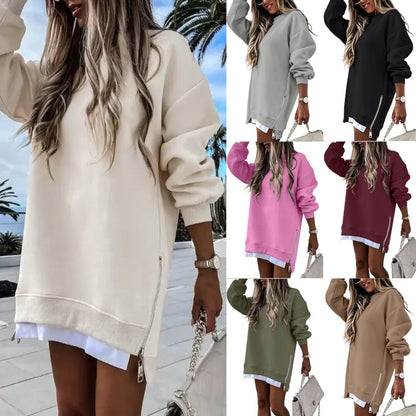 Oversized Sweatshirt Tunic with Side Zippers and Faux Layered Hem