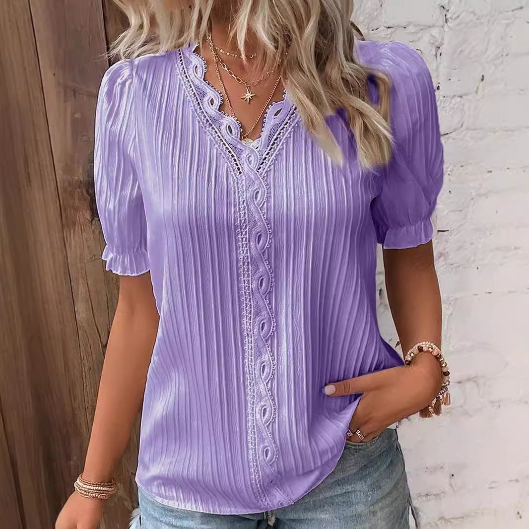 Pleated Short-Sleeve Blouse with Lace V-Neck