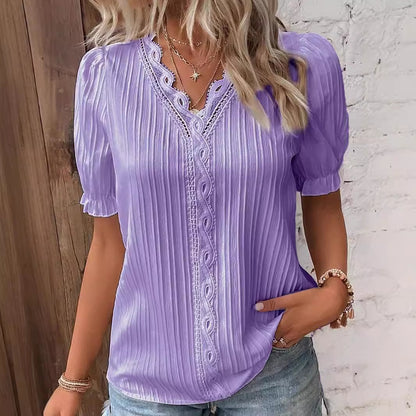 Pleated Short-Sleeve Blouse with Lace V-Neck