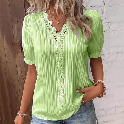 Pleated Short-Sleeve Blouse with Lace V-Neck