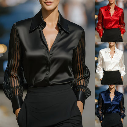 Loose Solid Satin Blouse with Sheer Striped Sleeves