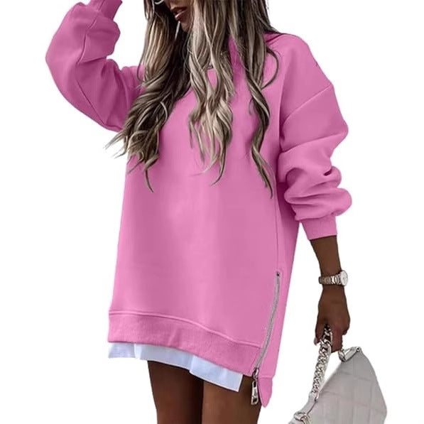 Oversized Sweatshirt Tunic with Side Zippers and Faux Layered Hem