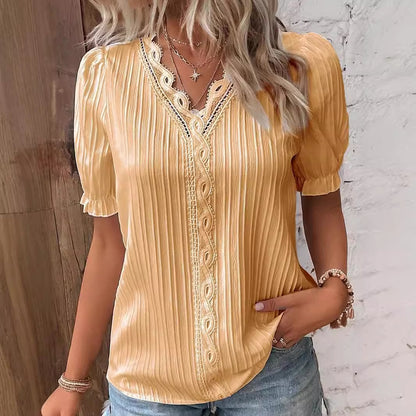 Pleated Short-Sleeve Blouse with Lace V-Neck
