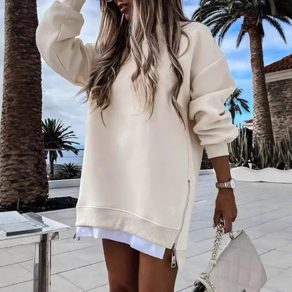 Oversized Sweatshirt Tunic with Side Zippers and Faux Layered Hem