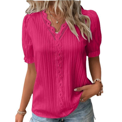 Pleated Short-Sleeve Blouse with Lace V-Neck