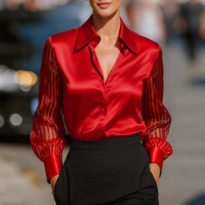 Loose Solid Satin Blouse with Sheer Striped Sleeves