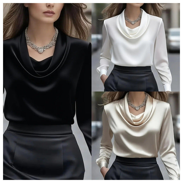 Solid Satin Blouse with Cowl Neck and Long Sleeves