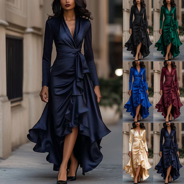 Satin Wrap Dress with Long Sleeves and Ruffled High-Low Hem