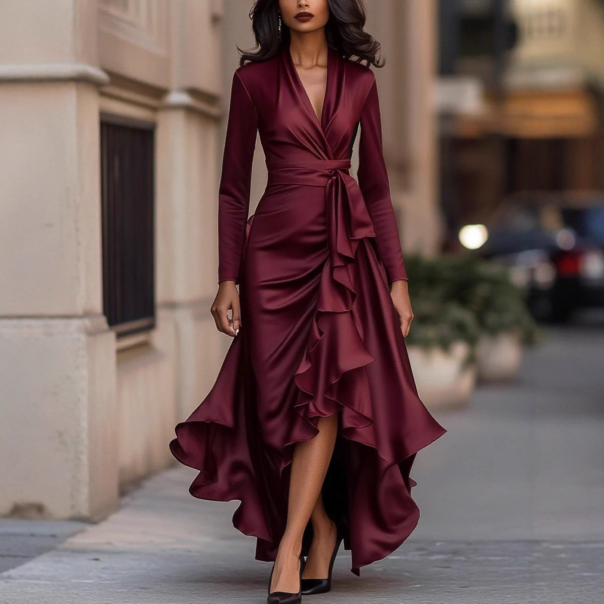 Satin Wrap Dress with Long Sleeves and Ruffled High-Low Hem