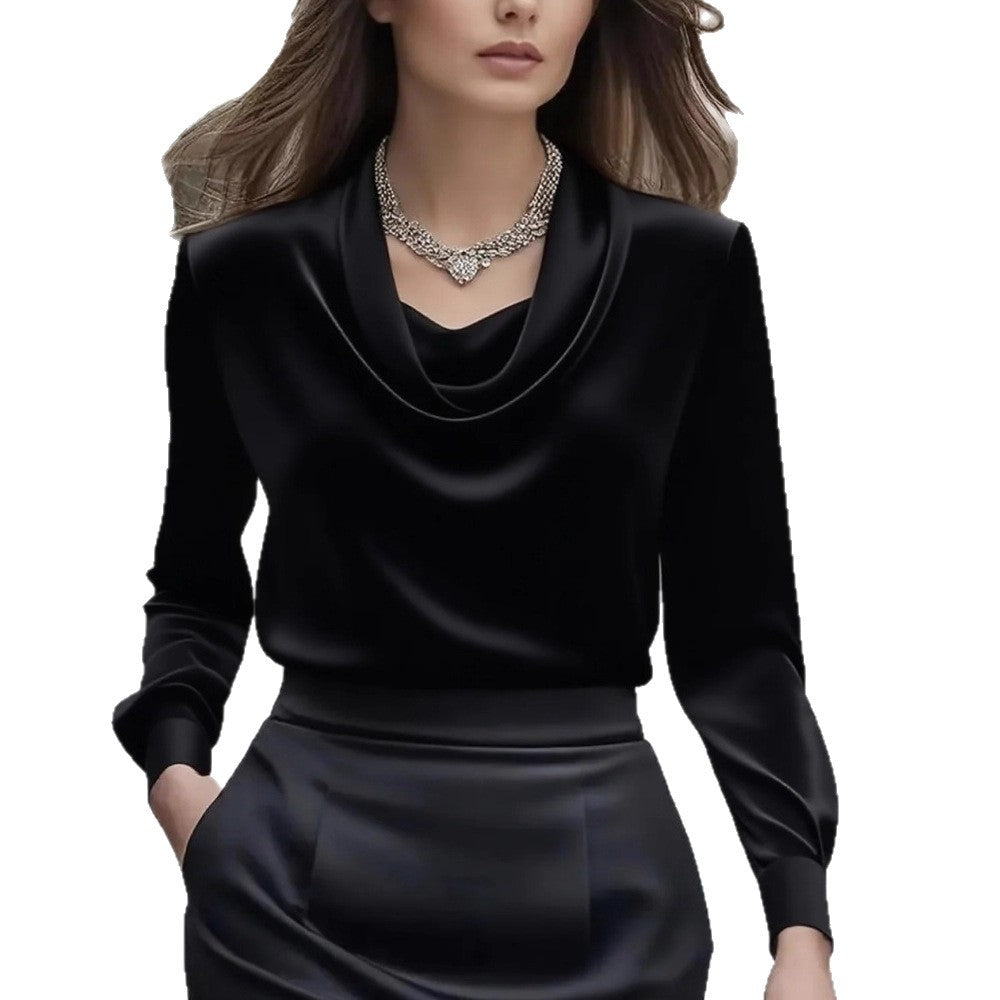 Solid Satin Blouse with Cowl Neck and Long Sleeves