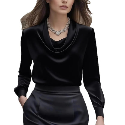 Solid Satin Blouse with Cowl Neck and Long Sleeves