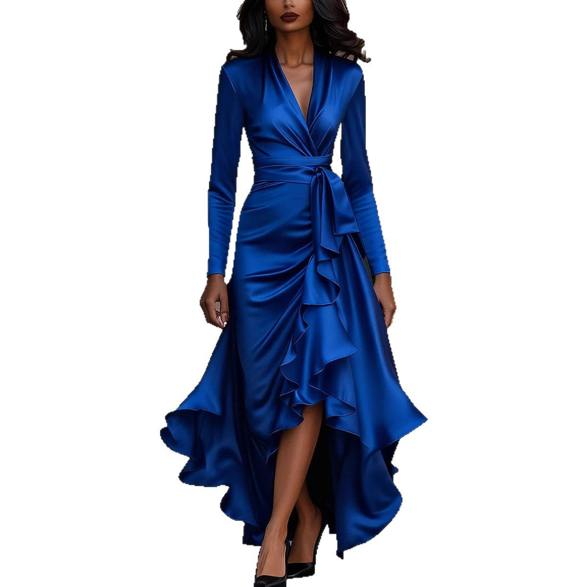 Satin Wrap Dress with Long Sleeves and Ruffled High-Low Hem