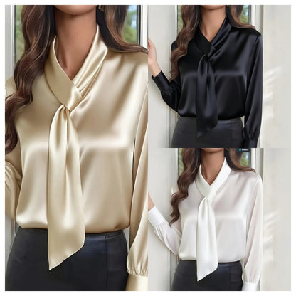 Satin Long Sleeve Blouse with Pussy-Bow Tie