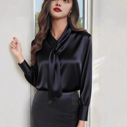 Satin Long Sleeve Blouse with Pussy-Bow Tie