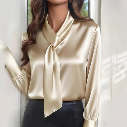 Satin Long Sleeve Blouse with Pussy-Bow Tie