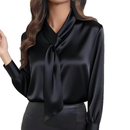 Satin Long Sleeve Blouse with Pussy-Bow Tie
