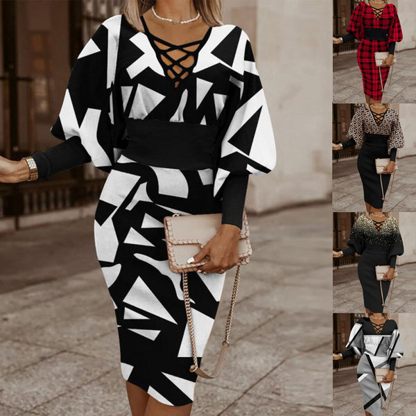 Geometric Print Sheath Dress with Lace-Up V-Neck and Dolman Sleeves