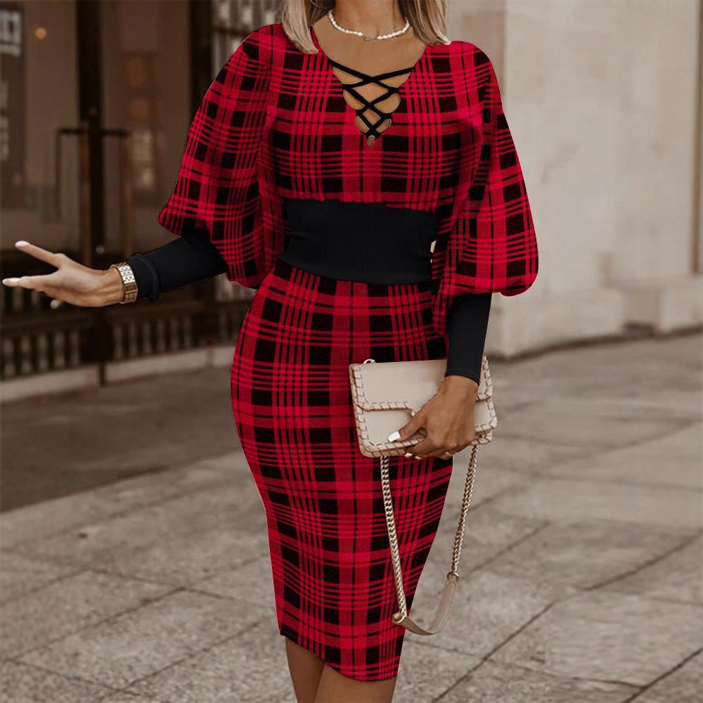 Geometric Print Sheath Dress with Lace-Up V-Neck and Dolman Sleeves