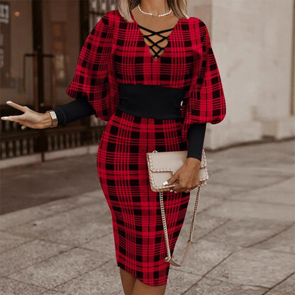 Geometric Print Sheath Dress with Lace-Up V-Neck and Dolman Sleeves