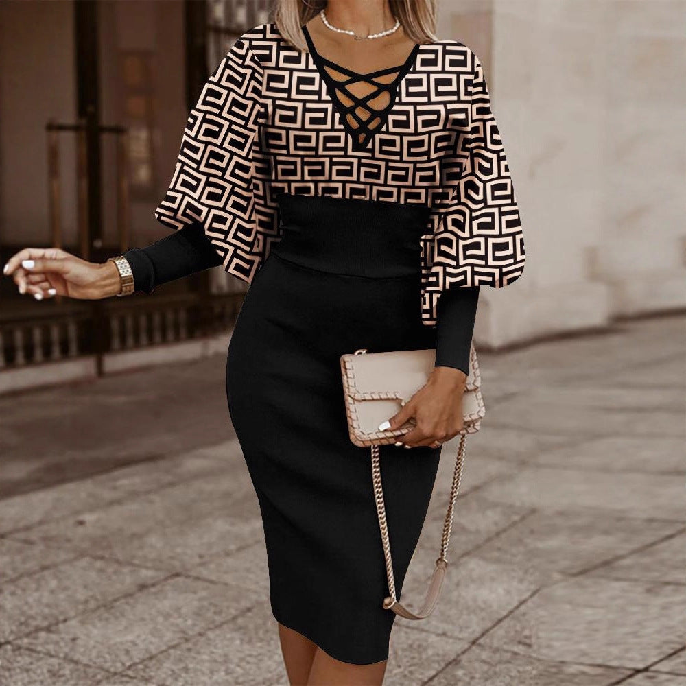 Geometric Print Sheath Dress with Lace-Up V-Neck and Dolman Sleeves