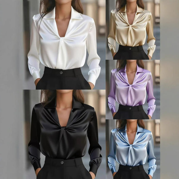 Solid Satin Blouse with Lapel Collar and Twisted Front