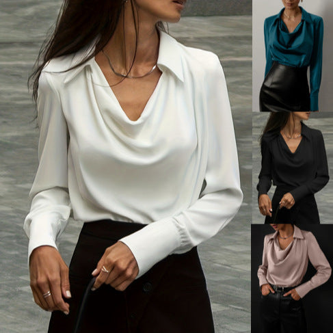 Solid Color Blouse with Cowl Neck and Long Sleeves