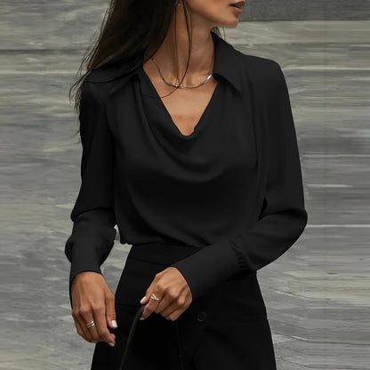 Solid Color Blouse with Cowl Neck and Long Sleeves