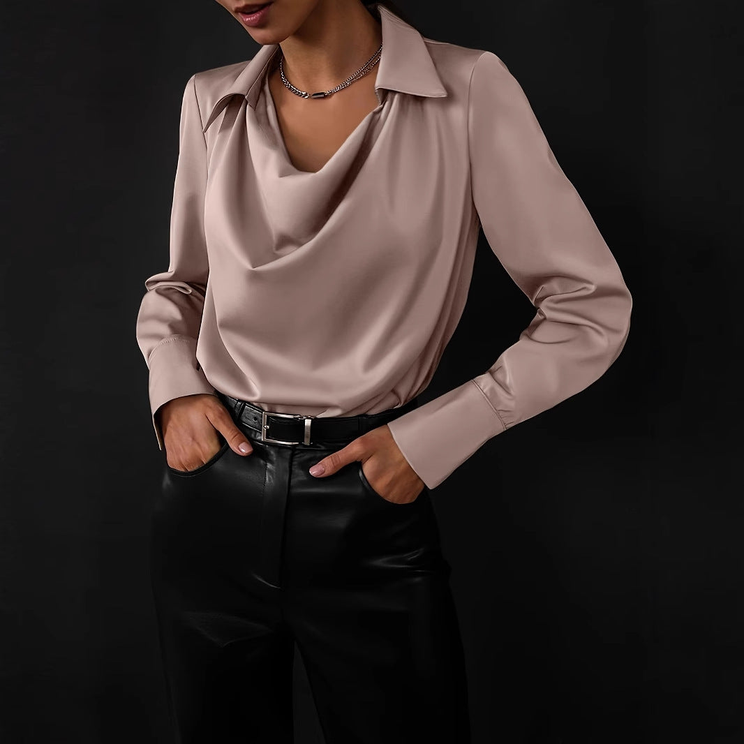 Solid Color Blouse with Cowl Neck and Long Sleeves