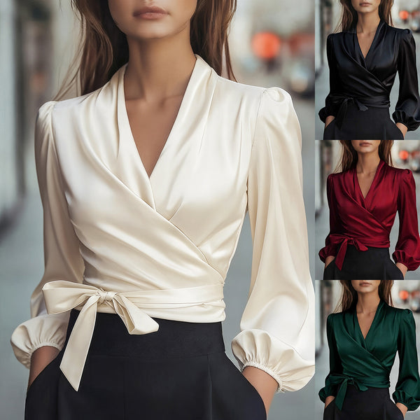 Satin Wrap Blouse with V-Neck and Puff Sleeves