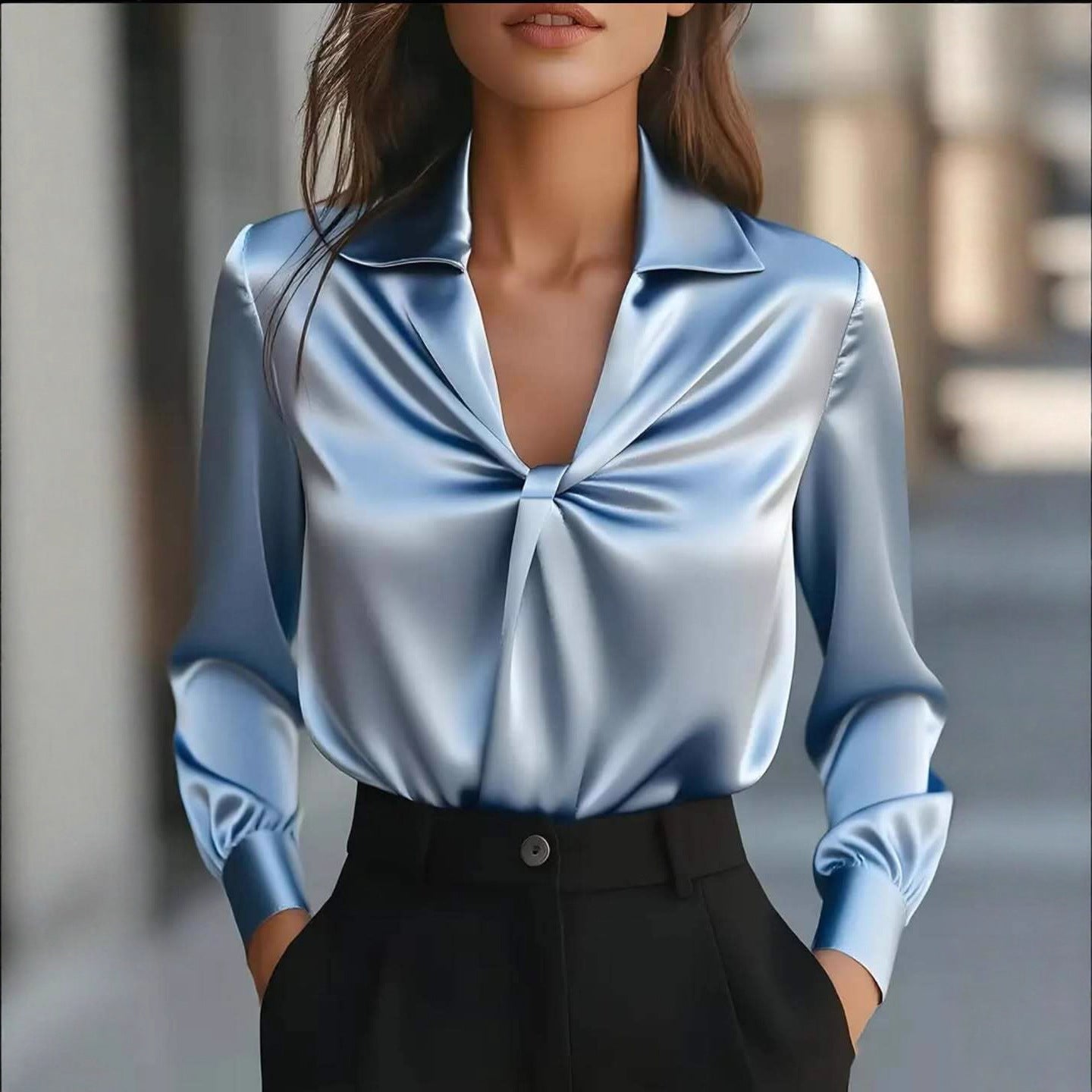 Solid Satin Blouse with Lapel Collar and Twisted Front