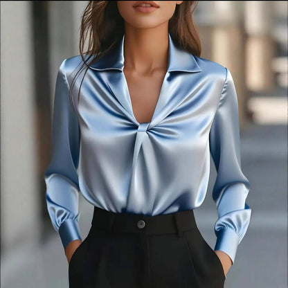 Solid Satin Blouse with Lapel Collar and Twisted Front