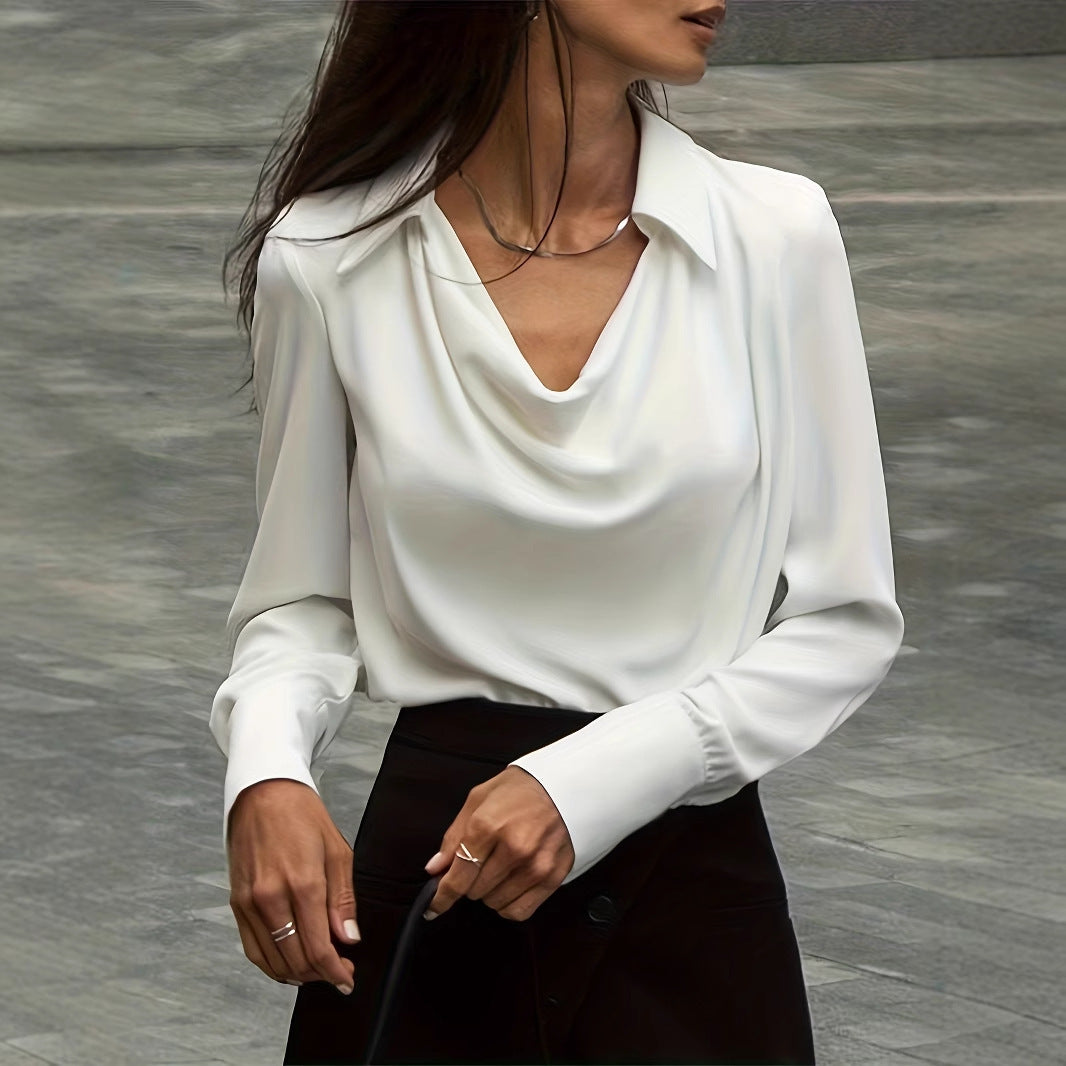 Solid Color Blouse with Cowl Neck and Long Sleeves