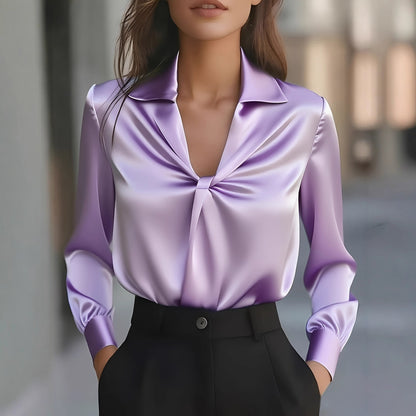 Solid Satin Blouse with Lapel Collar and Twisted Front