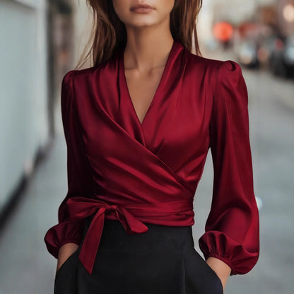 Satin Wrap Blouse with V-Neck and Puff Sleeves
